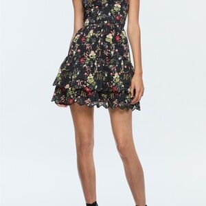 Alice + Olivia Black Floral Daisy Tiered Eyelet Tie-Front Mini Dress